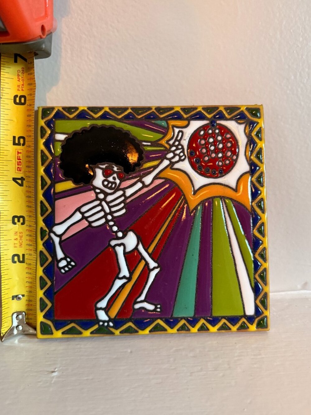 Mexican Talavera Tile Disco Dancing Skeleton Day of Dead Oaxaca Folk Art 6x6